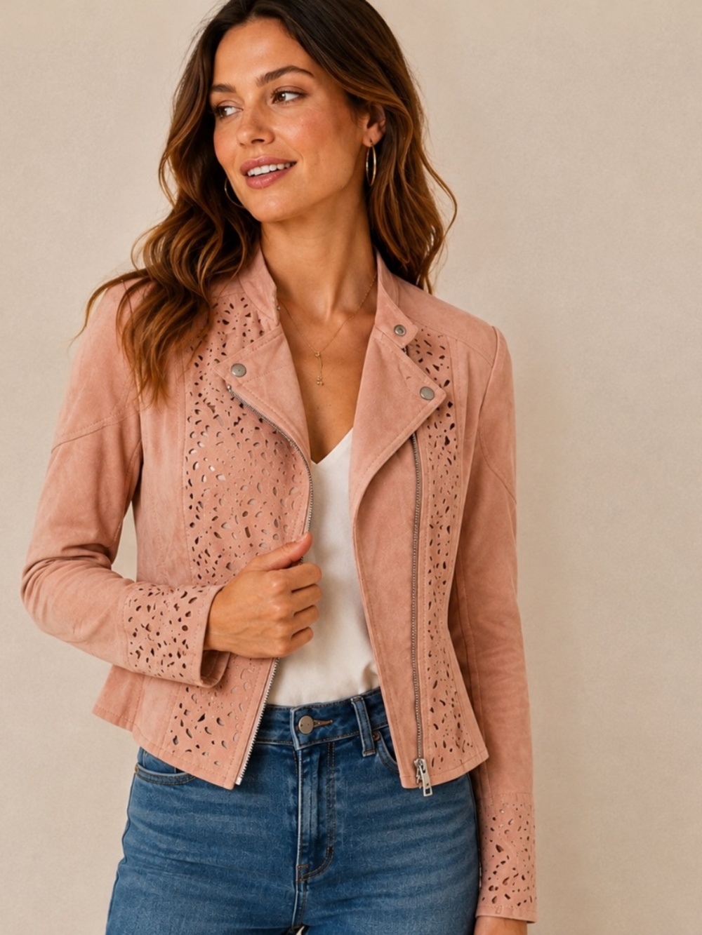 BCBGMAXAZRIA Skyler M Blush Pink Faux Suede Laser Cut Moto Jacket Biker Fall Zip